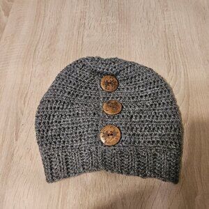 Hand-Made - Knitted Winter Beanie Three Button Knit Hat - One-Size - Gray Warm!